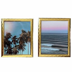 Coastal Beach Wall Art Set of 2 Gold Frames 8x10 Palm Tree Ocean Surfer Decor
